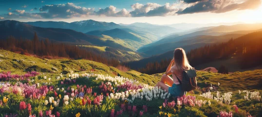 Tuinposter Girl sitting on top mounting and enjoying yellow sunrise. Hiking woman relaxing on the cliff looking at a beautiful sunlit landscape. Green valley in sunlight © Екатерина Переславце