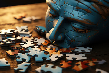 A fragmented jigsaw puzzle scattered across a table, portraying the intricate challenge of piecing...