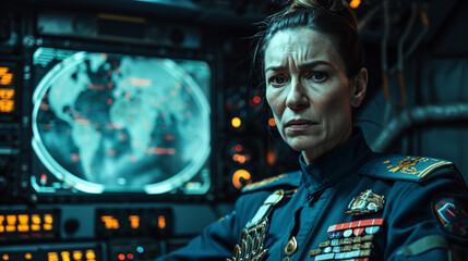 Sci-fi commander portrait, aboard a spaceship bridge, holographic maps in the background, determined expression, uniform adorned with medals