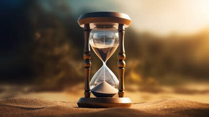  an hourglass sitting on top of sand in the middle of a sandy area with trees and sky in the background. - obrazy, fototapety, plakaty