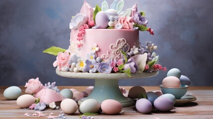  a pink cake sitting on top of a wooden table next to eggs and flowers on top of a cake stand.