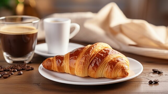  a croissant sits on a plate next to a cup of coffee and a glass of espresso.