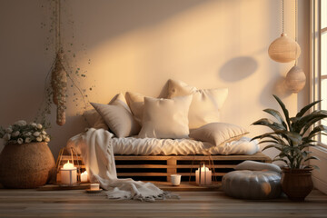 A meditation corner adorned with cushions and soft lighting, a serene space where someone practices mindfulness and embraces the habit of daily meditation.  Generative Ai.