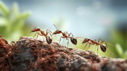  a group of ants standing on top of a pile of dirt next to a green leafy area with a blue sky in the background.