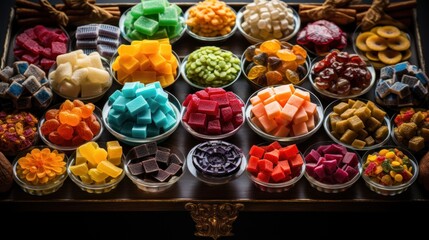  a tray filled with lots of different types of candies on top of a wooden table next to other candies.