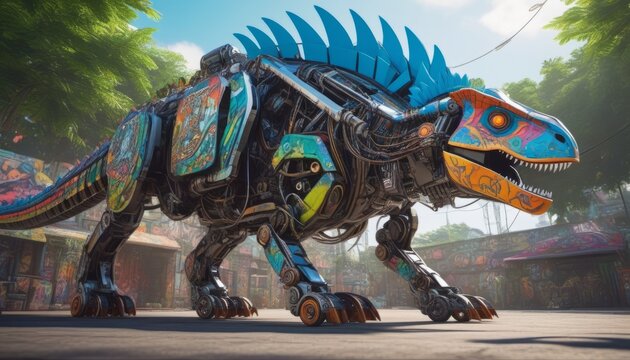 A Large, Colorful Robot Dinosaur Stands In A Tropical Environment.