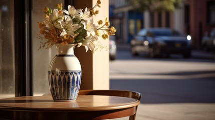  a blue and white vase with white flowers on a table in front of a window with a car in the background.