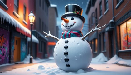 Obraz premium In the image, there's a snowman wearing a top hat and a colorful scarf, standing in the middle of a snowy street. The streetlights are on, and the buildings have graffiti on them. 