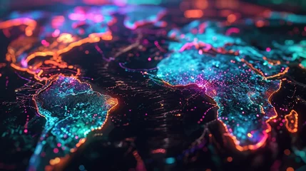 Foto op Canvas Neon abstract map of continents, high-tech world of the future. Created with Generative Ai technology © Viktor