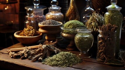 alternative medicine, bunches of dried medicinal flowers and plants