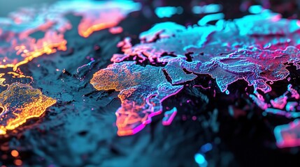 Neon abstract map of continents, high-tech world of the future. Created with Generative Ai technology - obrazy, fototapety, plakaty