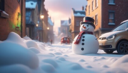 A blue snowman wearing a red scarf and top hat stands in the middle of a snowy street. The streetlights in the background are turned on. - obrazy, fototapety, plakaty