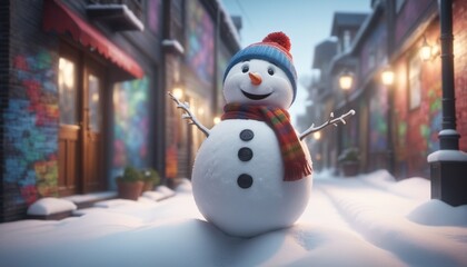 A blue snowman wearing a red scarf and top hat stands in the middle of a snowy street. The streetlights in the background are turned on.
