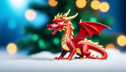 Fototapeta premium A red and gold dragon figurine stands in the snow in front of a Christmas tree with lights.