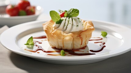  a white plate topped with a pastry covered in whipped cream and garnished with green leafy garnish.