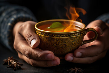 A pair of hands gently cradling a steaming mug of herbal tea, symbolizing the comfort and warmth found in the ritual of tea-drinking. Concept of soothing beverages. Generative Ai.