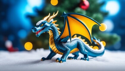 A blue and gold dragon toy stands in fake snow in front of a blurred Christmas tree with red and gold ornaments. The background is blue with yellow lights.
