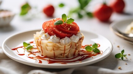  a white plate topped with a cupcake covered in whipped cream and topped with a tomato and mint garnish.
