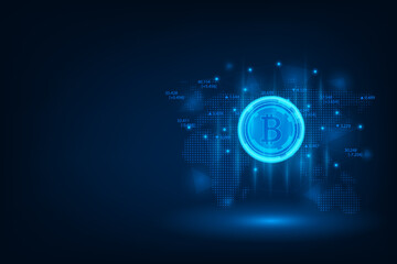 Vector financial chart, graph bitcoin crytocurrency technology in stock market on blue background.