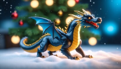 A dragon toy is standing in the snow in front of a Christmas tree with lights.