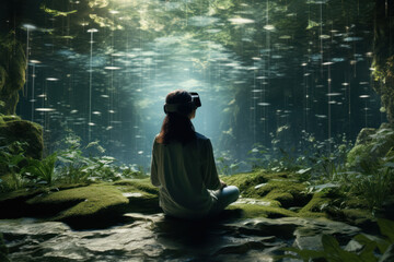 A person immersed in a calming virtual reality experience, exploring tranquil environments to achieve a sense of digital relaxation. Concept of virtual serenity. Generative Ai. - Powered by Adobe