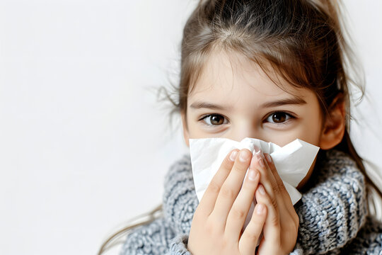 Sick kid blowing nose in tissue on white background. Cold symptoms