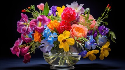  a glass vase filled with colorful flowers on top of a blue tablecloth with a black background in the background.