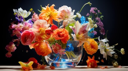  a glass vase filled with colorful flowers on top of a table next to a glass vase filled with colorful flowers on top of a table.