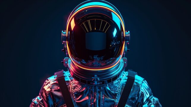 Futuristic astronaut fashion, front view, an astronaut with a metal chrome space suit, Isolated black background