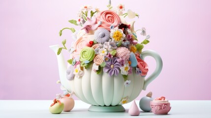  a teapot filled with flowers on top of a table next to a tea pot with a candle on top of it.