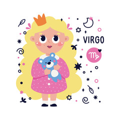 Colorful card with Virgo zodiac sign. Kids characters with Astrological horoscope symbols. Hand drawn vector illustration in cartoon style with lettering