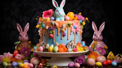 Fototapeta na wymiar a decorated cake with bunnies, eggs, flowers, and a bunny figurine sitting on top of it.