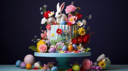 Fototapeta na wymiar a three tiered cake decorated with flowers, eggs and a bunny figurine sitting on top of it.