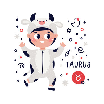 Colorful card with Taurus zodiac sign. Kids characters with Astrological horoscope symbol. Hand drawn vector illustration in cartoon style with lettering