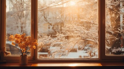  a vase of flowers sitting on a window sill in front of a snow covered tree outside of a window.