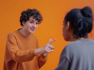 Young smiling boy and girl preparing a play they will perform on stage at the theater, actor and actress learning and acting together, couple having fun playing a game, deaf people talking with hands