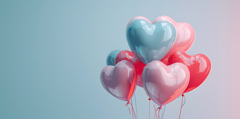 Helium air balloon in heart shape, metallic holographic colourful shiny reflective surface.    Valentine's Day party decoration background with copy space