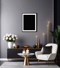 Frame mockup poster on dark wall background. Elegant living room interior with large poster. Stylish home decor. Template.