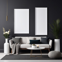 Frame mockup poster on dark wall background. Elegant living room interior with large white poster. Stylish home decor. Template.