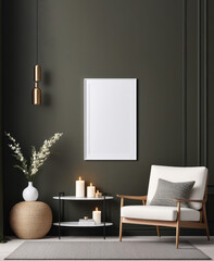 Frame mockup poster on dark wall background. Elegant living room interior with large white poster. Stylish home decor. Template.