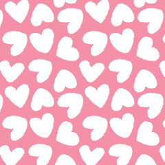 Vector white fluffy heart seamless pattern isolated on pink background. Cute modern romantic pink pattern with hand drawn repeated hearts.