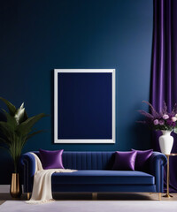 Frame mockup poster on dark wall background. Elegant living room interior with large poster. Stylish home decor. Template.