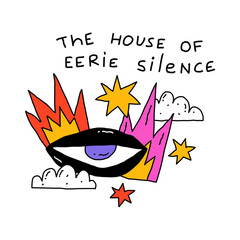 isolated sticker - mystical eye for halloween with text.A frightening occult look.Eyeball template for tattoo in rock and roll and punk style.Psychedelic horror sticker.1970s funky and groovy element.