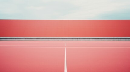 A vivid red athletic track extends to meet a matching red wall, creating a striking minimalist composition under a tranquil sky.