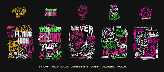 Graffiti t shirt designs set, Streetwear graphic for clothing design. Graffiti poster vector illustration, Urban t-shirt design for print