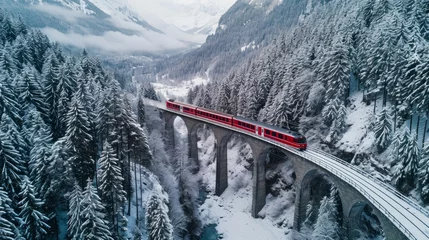 Printed roller blinds Landwasser Viaduct Landwasser Viaduct world heritage sight with luxury Glacier and Bernina express in Swiss Alps snow winter scenery. Aerial Drone shot train passing through famous mountain in Filisur, Switzerland