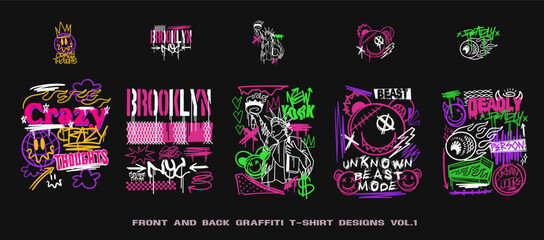 Graffiti t shirt designs set, Streetwear graphic for clothing design. Graffiti poster vector illustration, Urban t-shirt design for print