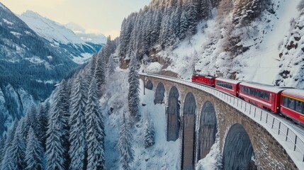 Landwasser Viaduct world heritage sight with luxury Glacier and Bernina express in Swiss Alps snow winter scenery. Aerial Drone shot train passing through famous mountain in Filisur, Switzerland