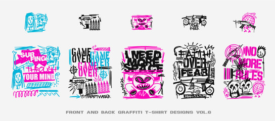 Graffiti t shirt designs set, Graffiti poster vector illustration, Streetwear graphic for clothing design. Urban t-shirt design for print