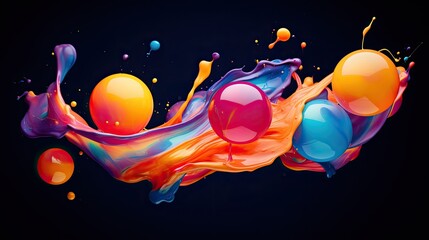 Abstract composition of circular elements and liquid paint. Abstract scene of various colliding objects. Dynamic composition of various flying objects.
